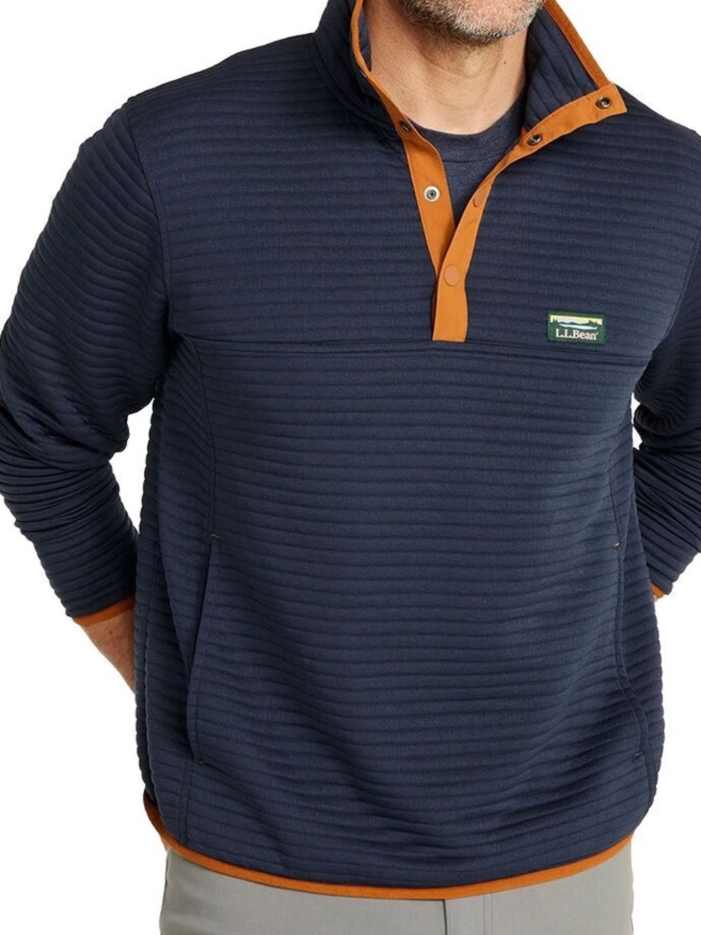 L.L.Bean Knit Sweatshirt Men XLT Blue Snap Mock Neck Quilted Pullover Pockets